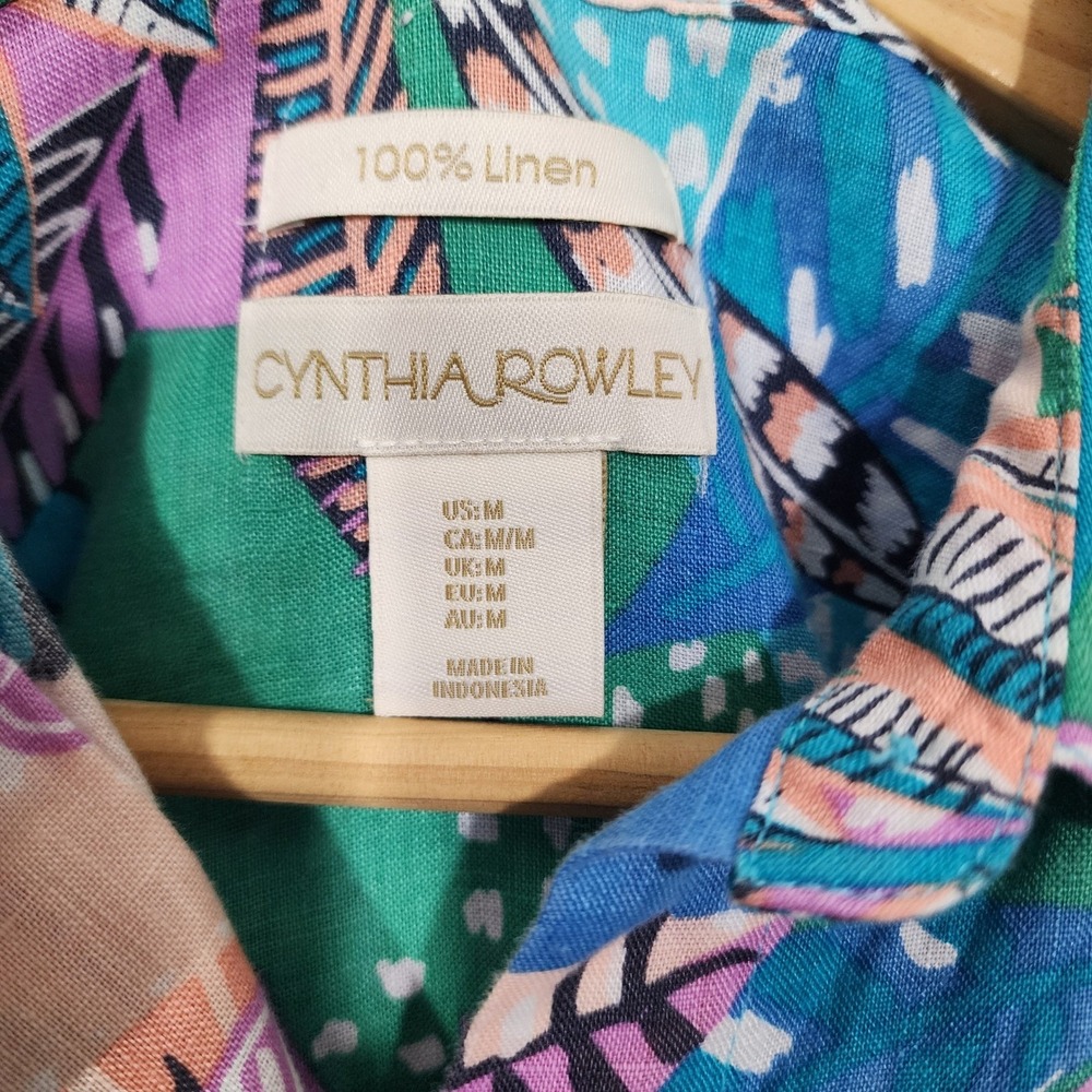 Cynthia Rowley Womens Med 100% Linen Tropical Leaf Print camp shirt button up - Picture 6 of 8